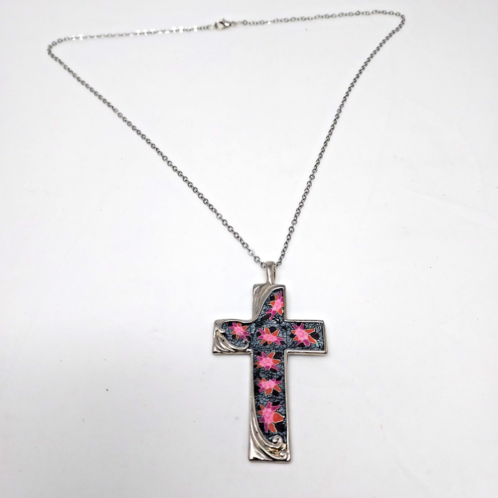 Vintage Cross Pendant Necklace Silver Tone Black Pink Floral Inlay 13" Drop